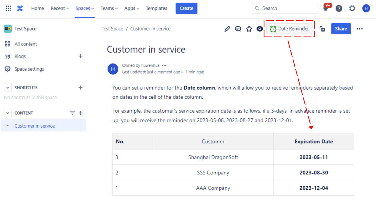 You can set a reminder for the dates in the table, each date in the cell can be reminded separately. Task reminder can be used after installation, users only need to add tasks on the Confluence page to receive reminders.