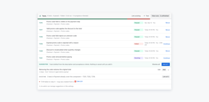 The Tests panel on CHK-212: six linked tests with their last result, one failed on step 4 with the bug filed from it, one still running, and a draft waiting to be added.