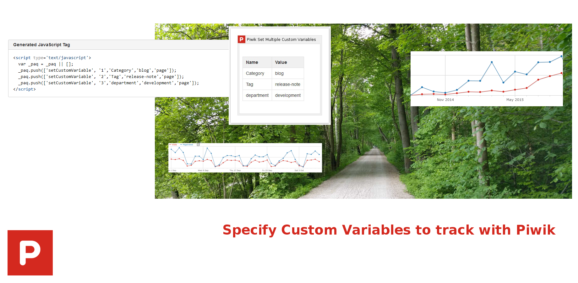 Set custom variables for Piwik easily with a macro. Add the custom variables in a table within the macro body. There is also a specialized version (not shown) of the macro to set one custom variable even more quickly.