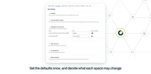 App settings, grouped from deadlines to deleting signings. Each setting has a value for the whole site and a switch that decides whether space administrators may change it for their space.