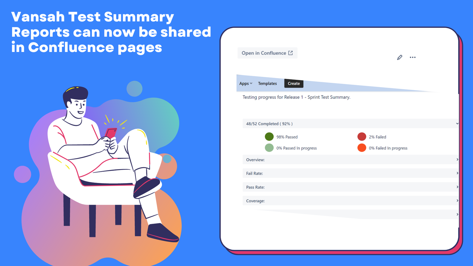 Automate Test reporting with confluence by allowing your teams to share Test Summary Gadgets with Confluence templates and pages.​