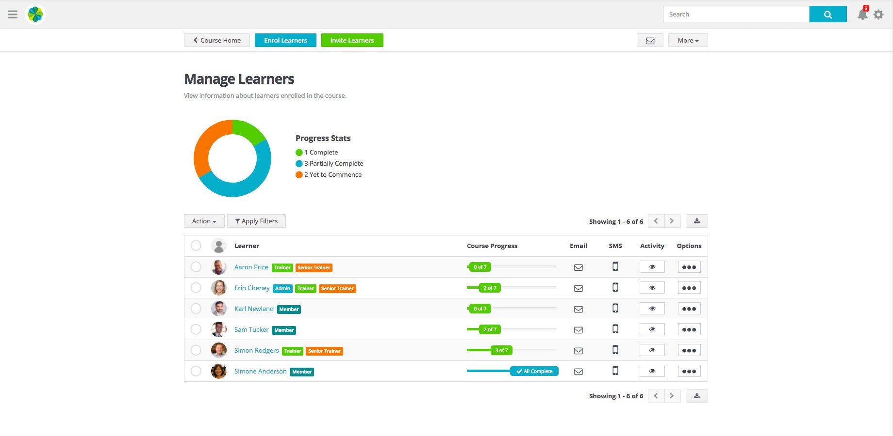 Enrol learners into courses and easily track individual progress.