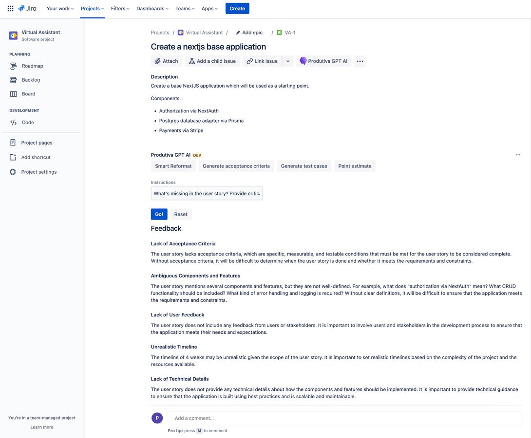 Custom Instructions allow using custom prompt to work with the user story!