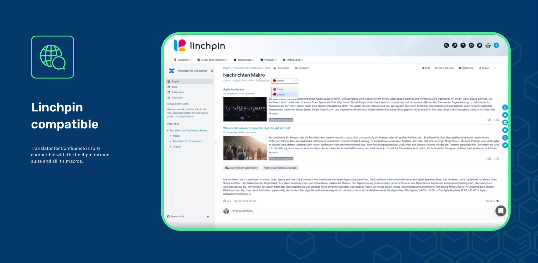 Translator for Confluence fully supports Linchping and it's macros.