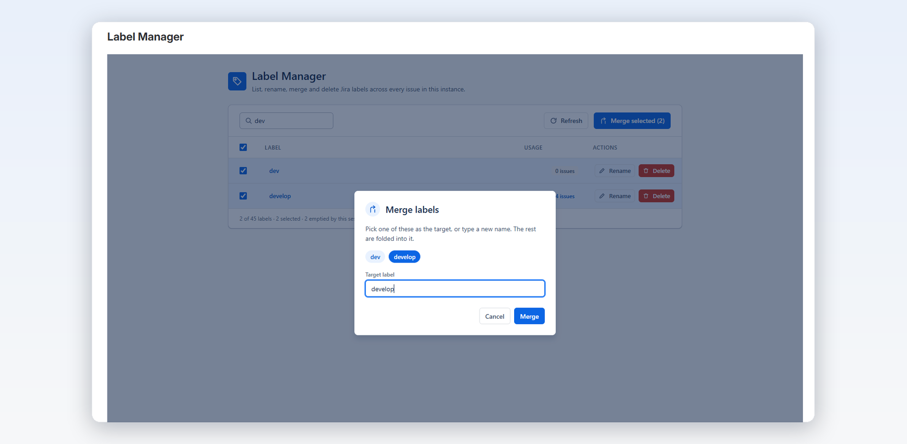 Select duplicates, choose one as the target or type a new name, and merge them everywhere with a single action.