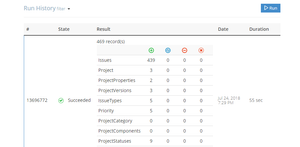 Run history displays a detailed log of all replication runs and has links to per-record error logs in case of any error.