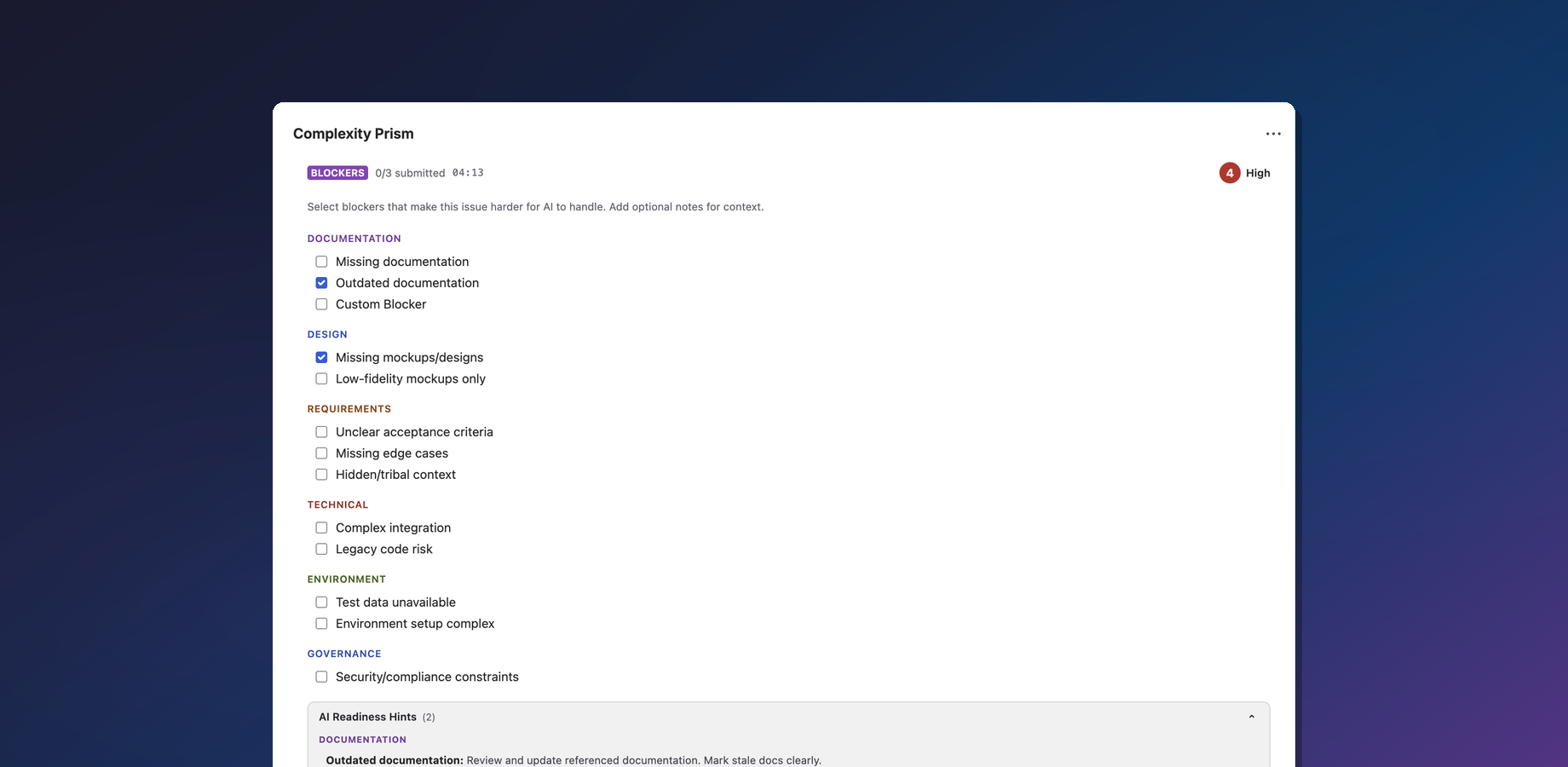 Blockers checklist with categorized codes: Documentation, Design, Requirements, Technical, Environment, Governance