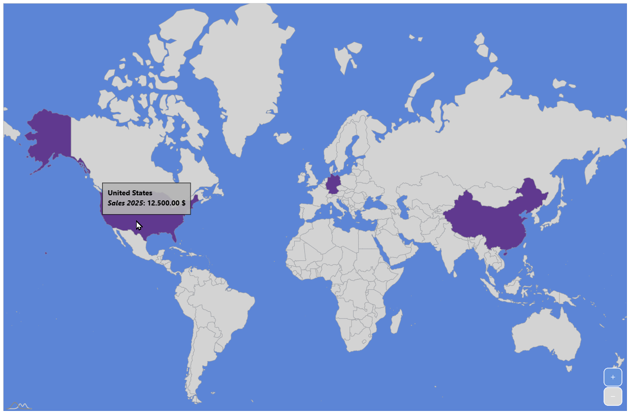 Sample world map with highlights for 3 countries, hovering USA.