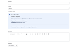 JSM request create form with Priority set to "Highest" showing a dynamic info panel.