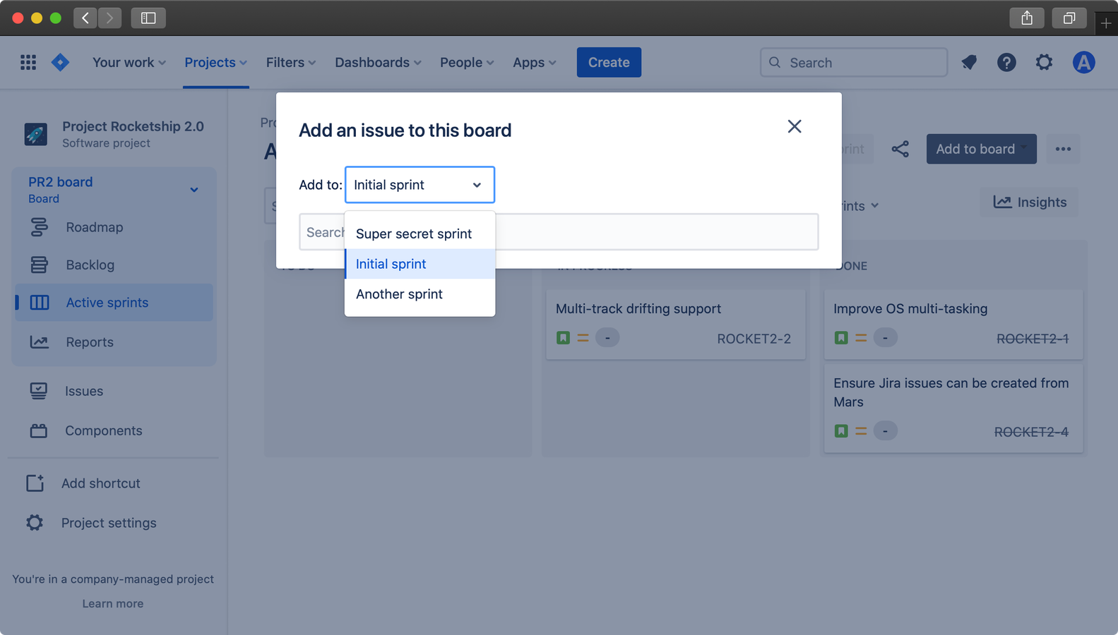 Add to Board dialog showing with sprint selector