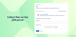 Jira Service Management customer portal — a request form with the Signed Contract File field showing a drop zone where customers attach files.