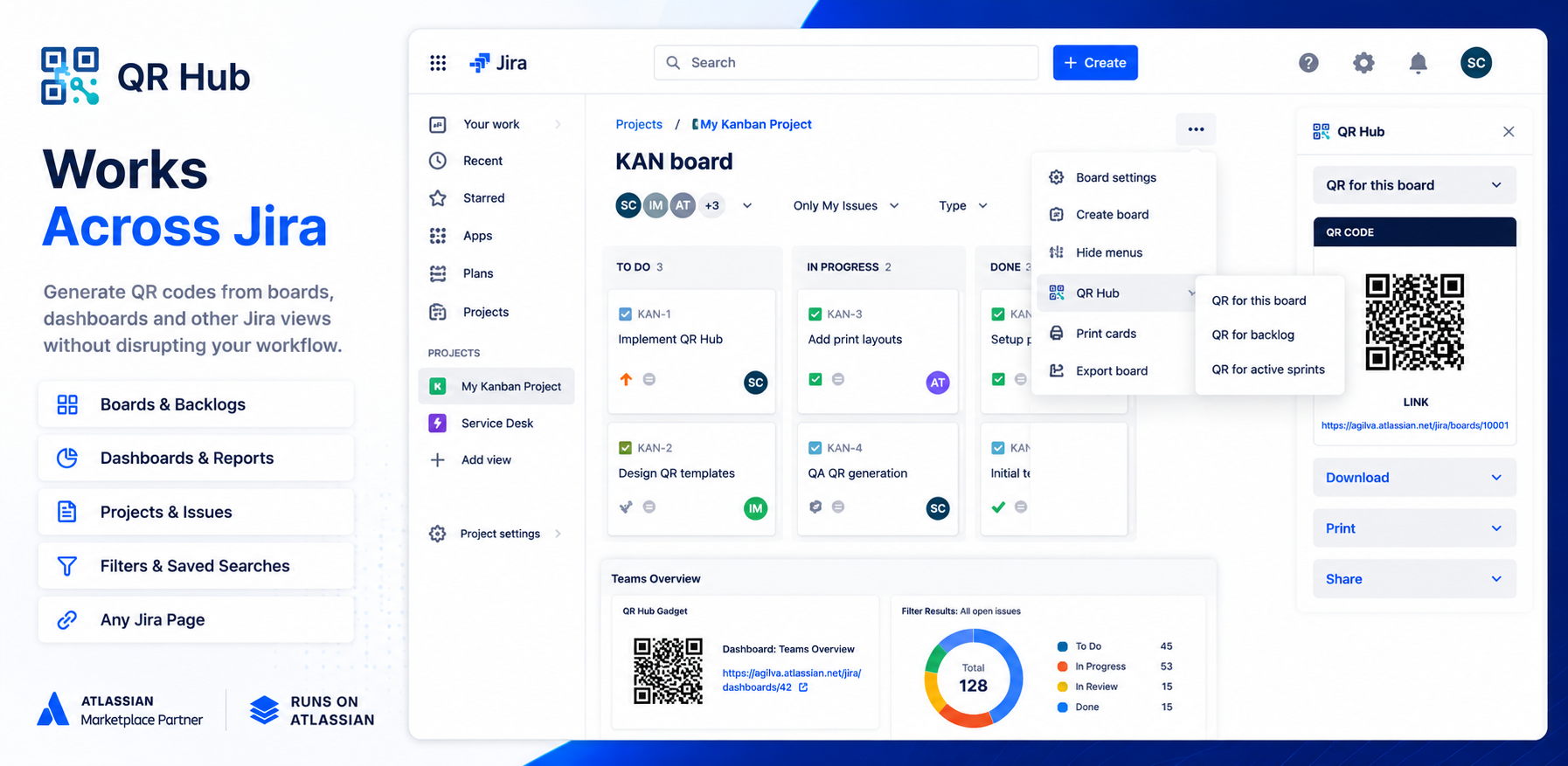 Access QR generation from boards, dashboards, and other Jira locations for quick sharing and streamlined collaboration.