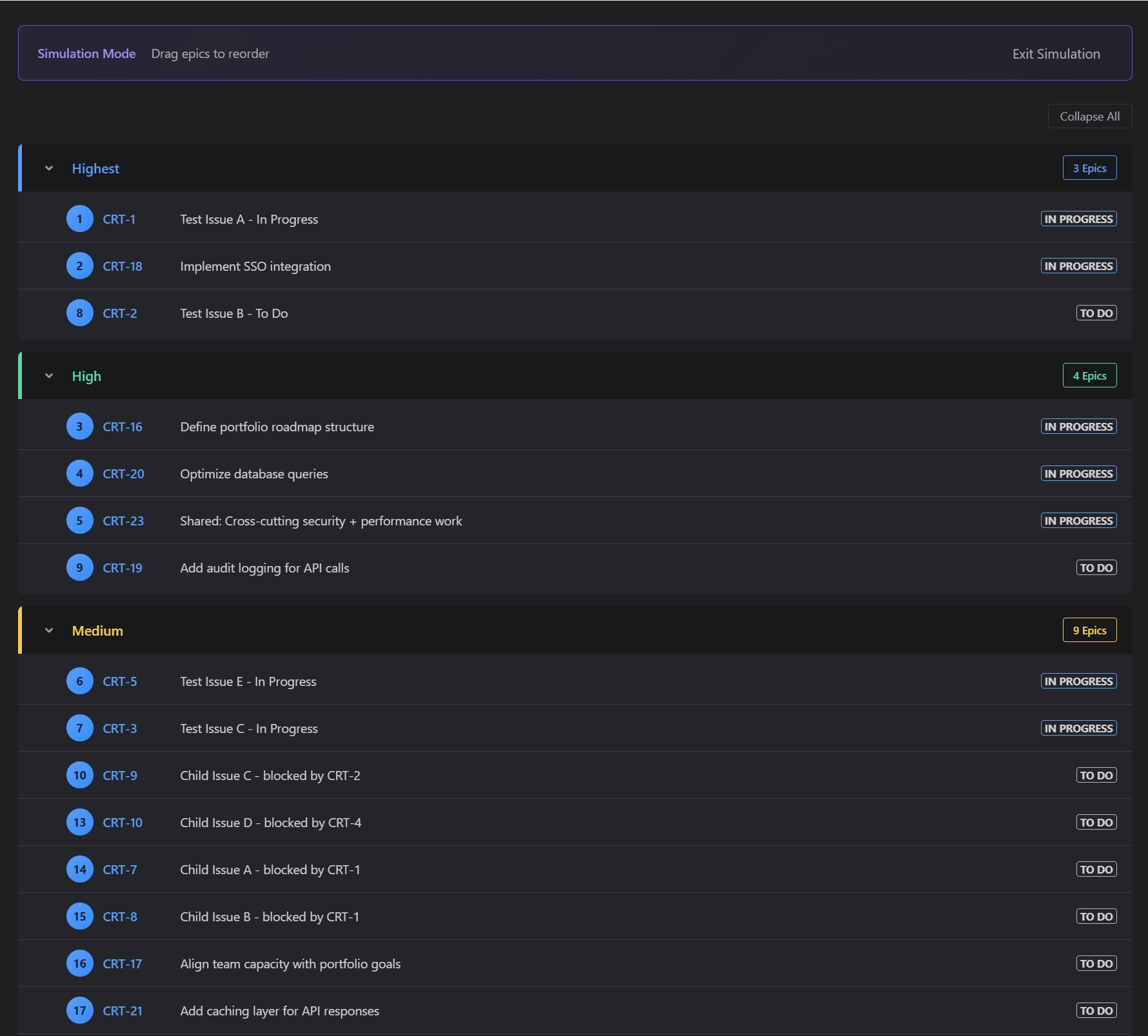 Simulation mode showing epics ranked across Highest, High and Medium priority bands, draggable for what-if reordering before any change is committed.