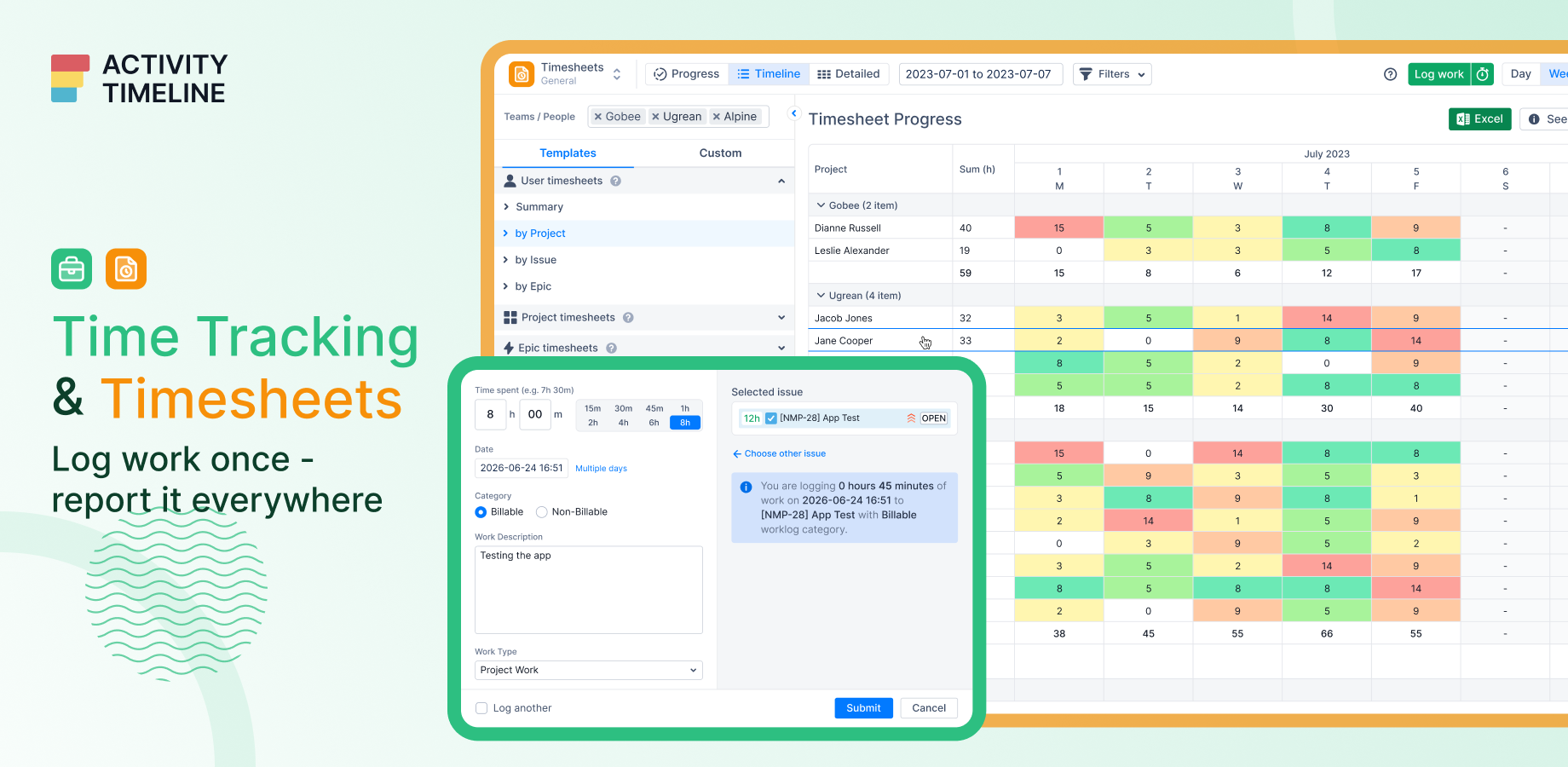 Personal Workspace for Every User.
Personal Workload Calendar for employees & remote contractors.
Track logged work of team members.
Built-in integration with Tempo, Jira Advanced Roadmaps & Big Picture.