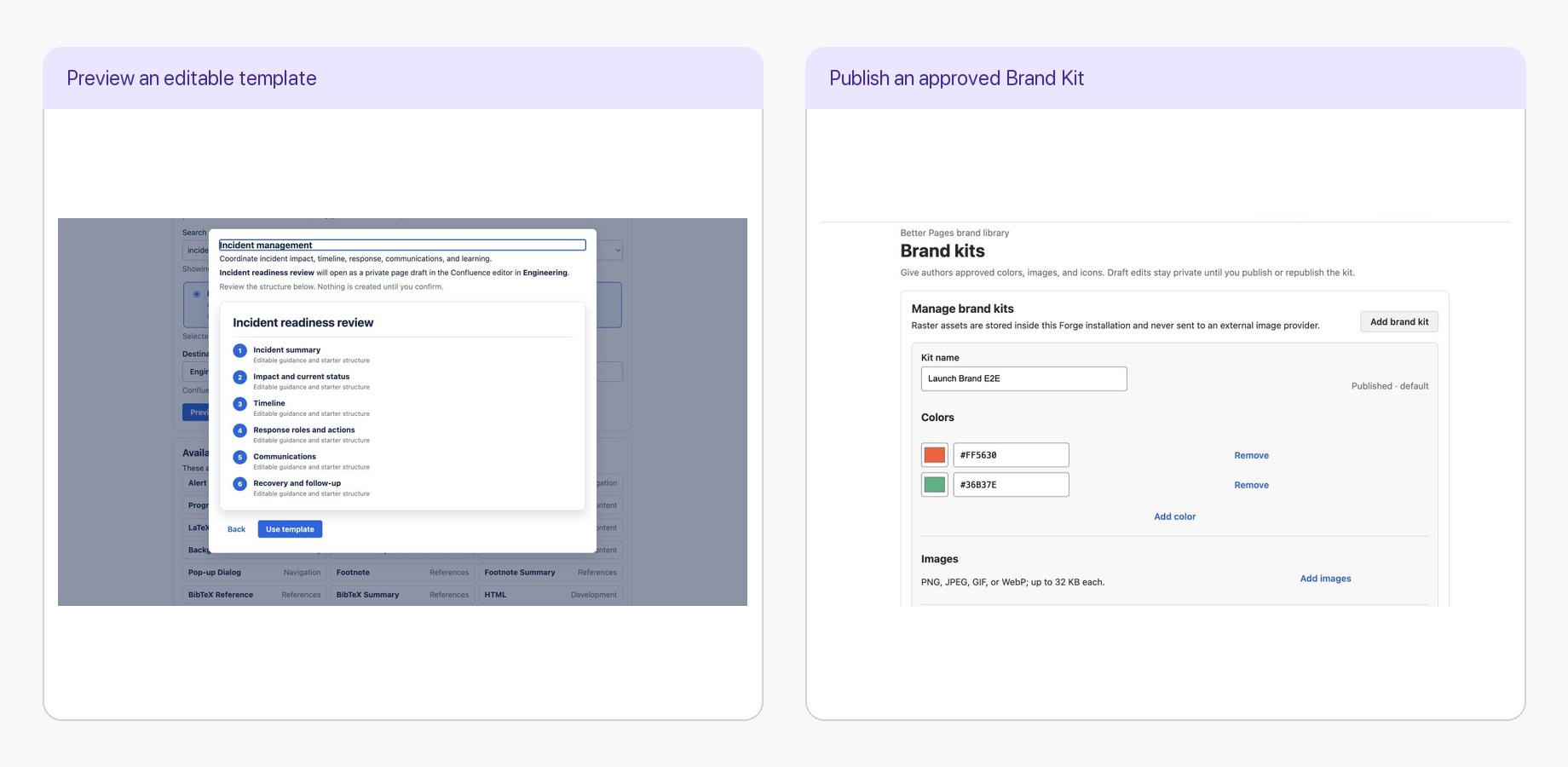 Authors preview an incident template while admins publish a Brand Kit that keeps future pages visually consistent.