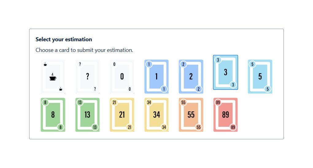 In this image you can see the possible cards that you can choose to estimate the issue.