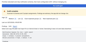 Report tab showing the deterministic copyable audit report and advisory wording.