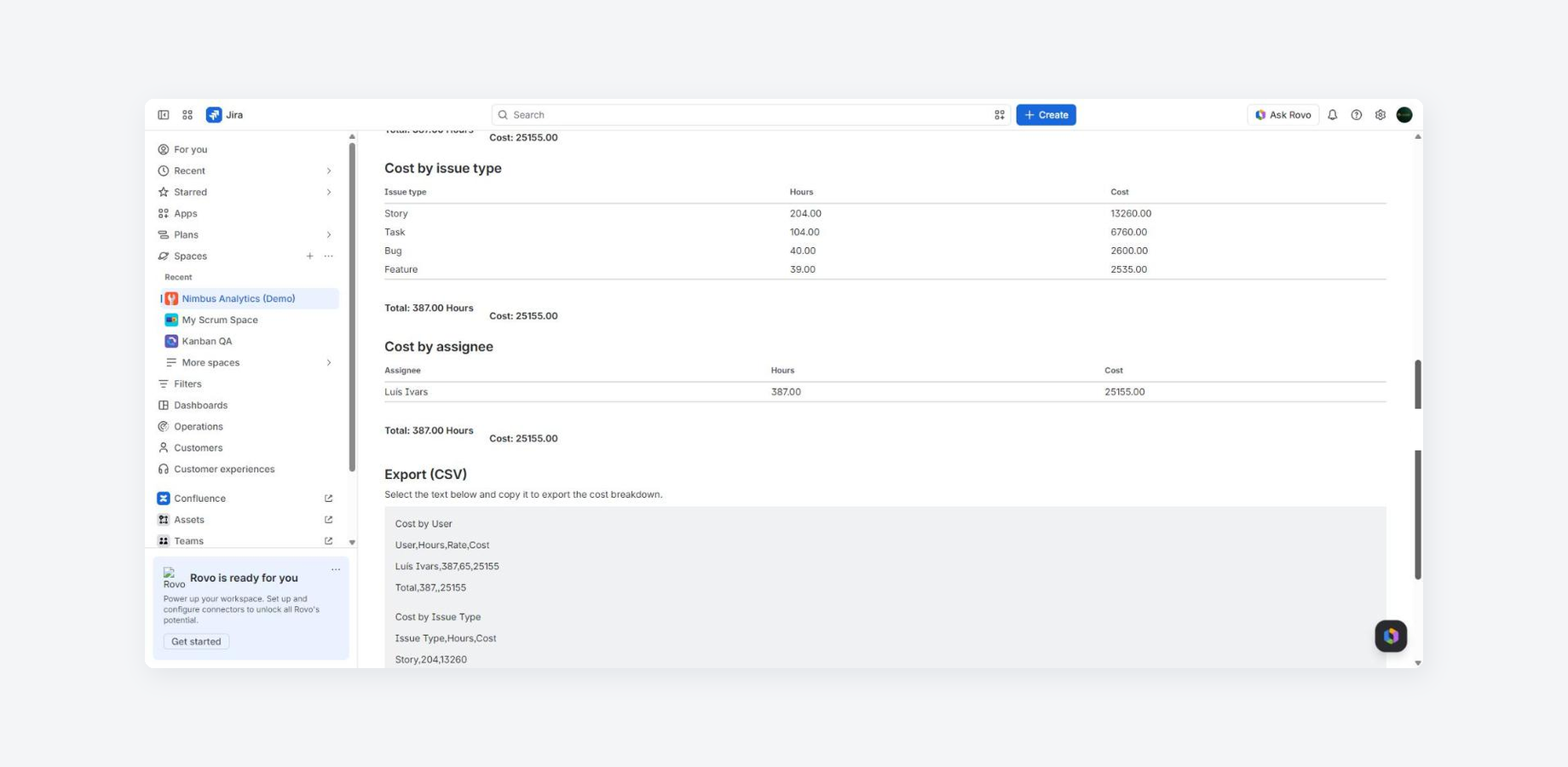 Cost by issue type and assignee, with CSV export