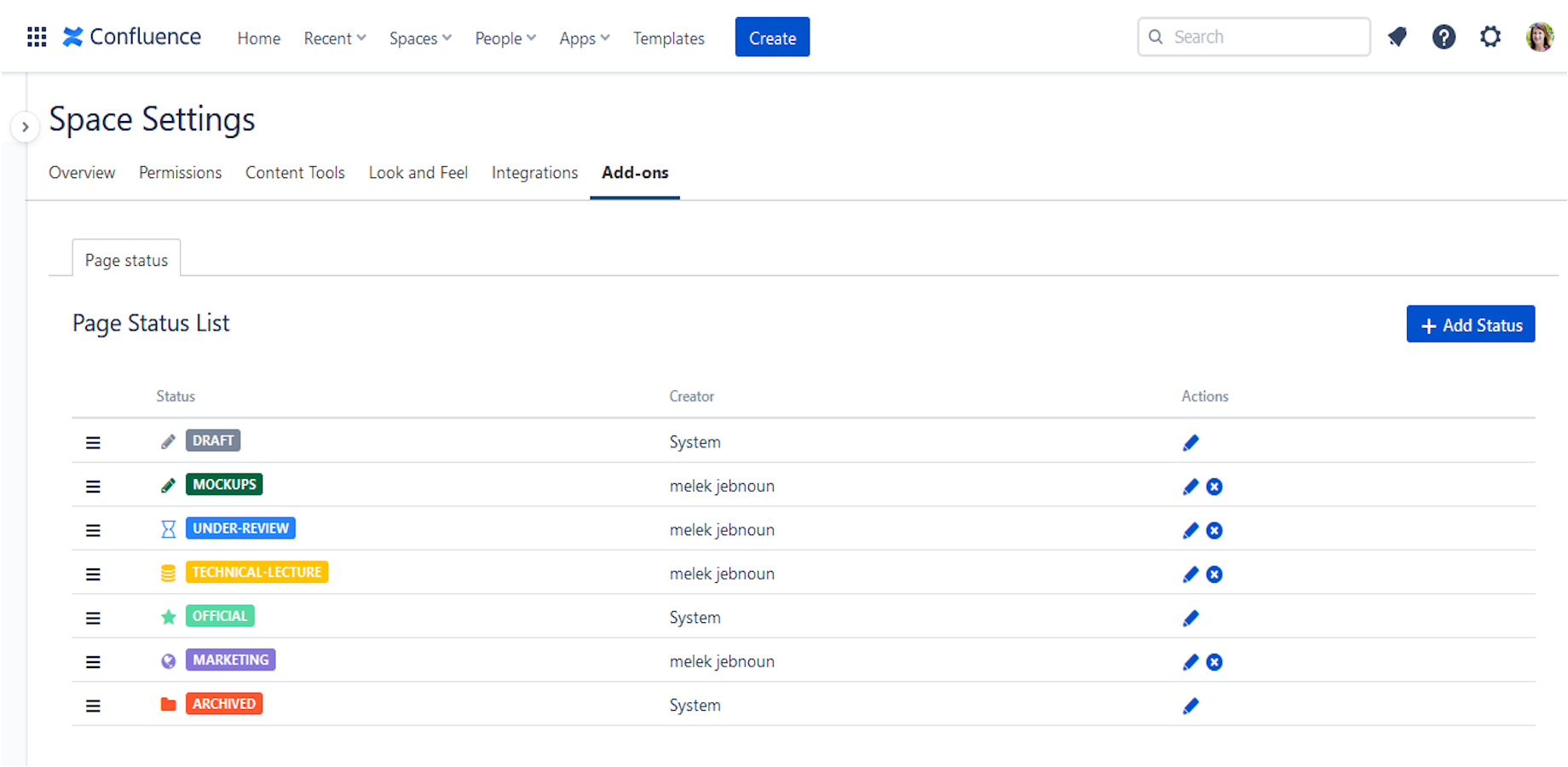 Define a status list by Space