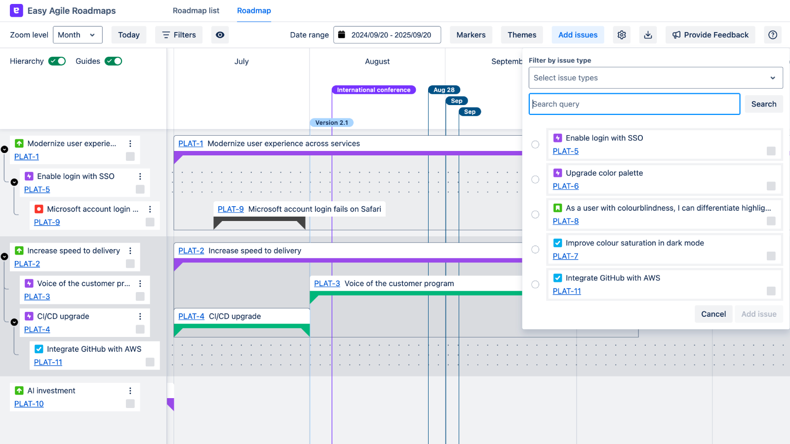 Multi-board roadmap for a cohesive view across teams and projects, with date markers for milestones, theme swimlanes for clear prioritisation, and drag-and-drop functionality to adjust plans easily.