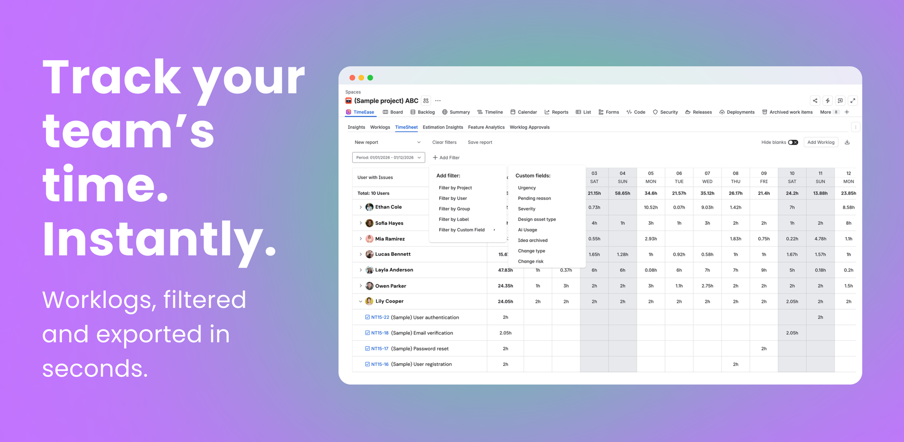 Easily browse, filter, and export Jira worklogs for better insights and reporting.