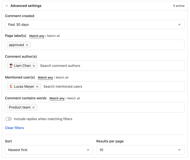 Advanced filters: created date, page label, comment author, mentioned user and words in the comment, each matching any or all. Replies can be included, and sort order and page size are set here.