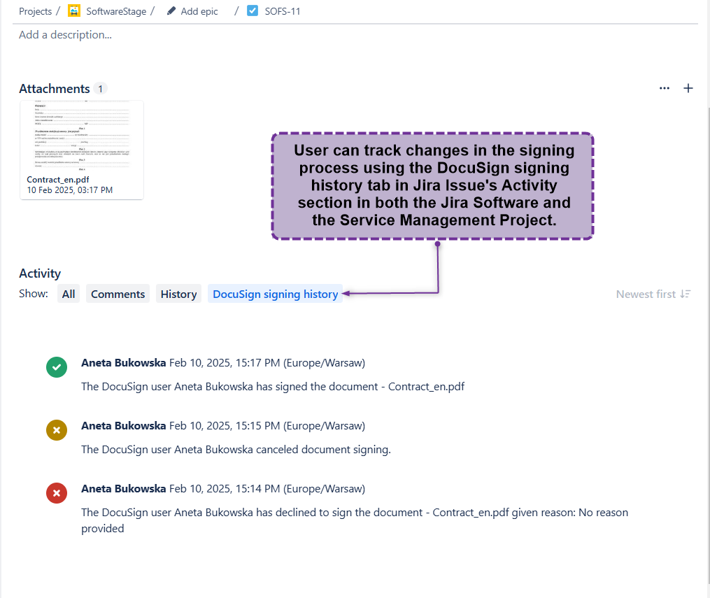​Gain full visibility into the signing process with a dedicated ​DocuSign Signing History tab. View timestamps, participant details and the status of each document in convenient location.
