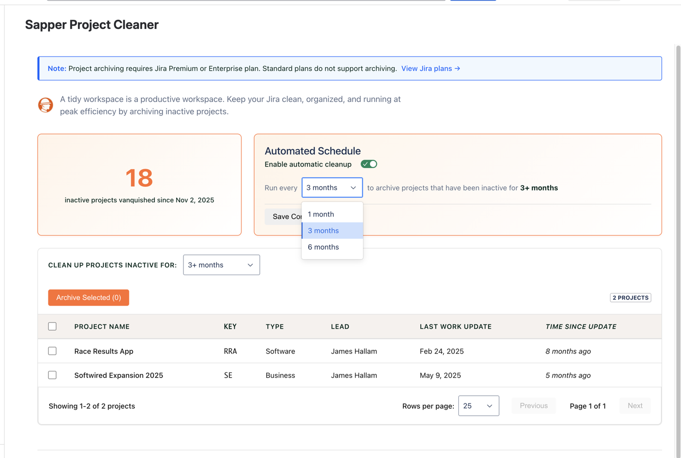 Projects with no activity for the selected threshold will be automatically archived on a schedule you determine.