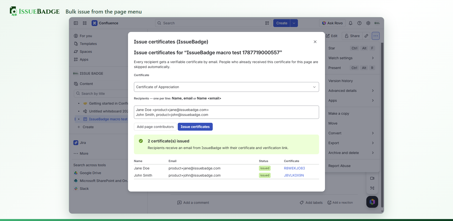 Bulk issue modal with per-recipient status and links to each certificate.