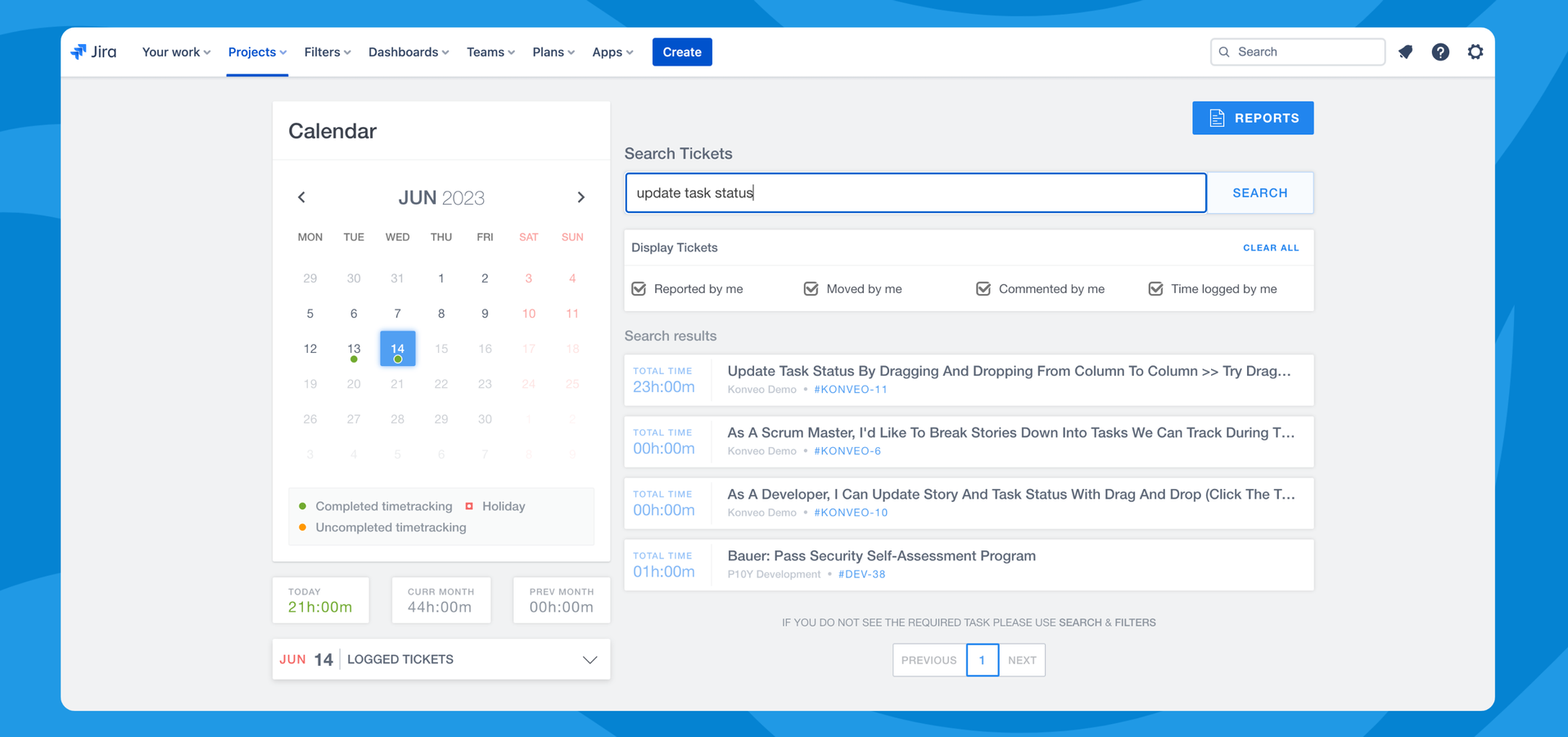 Effortless Task Management: Konveo's intuitive interface lets you search, view, and log time on Jira tickets, all without complicated searches or queries