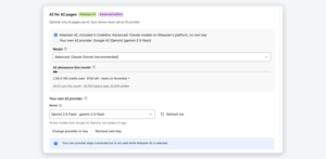 CodeDoc Advanced: Atlassian AI with a monthly allowance, checked before every run, and the choice to use your own AI provider instead.