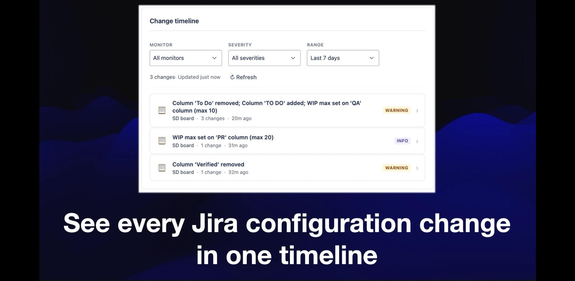 Timeline view summarizing recent Jira board and workflow changes with severity indicators