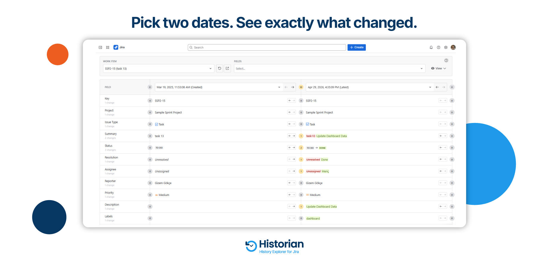 Historian’s Compare Dates report for a Jira task, with Diff View highlighting exact text, status, resolution, and assignee changes between two dates — from "To Do" to "Done" — for instant change tracking.
