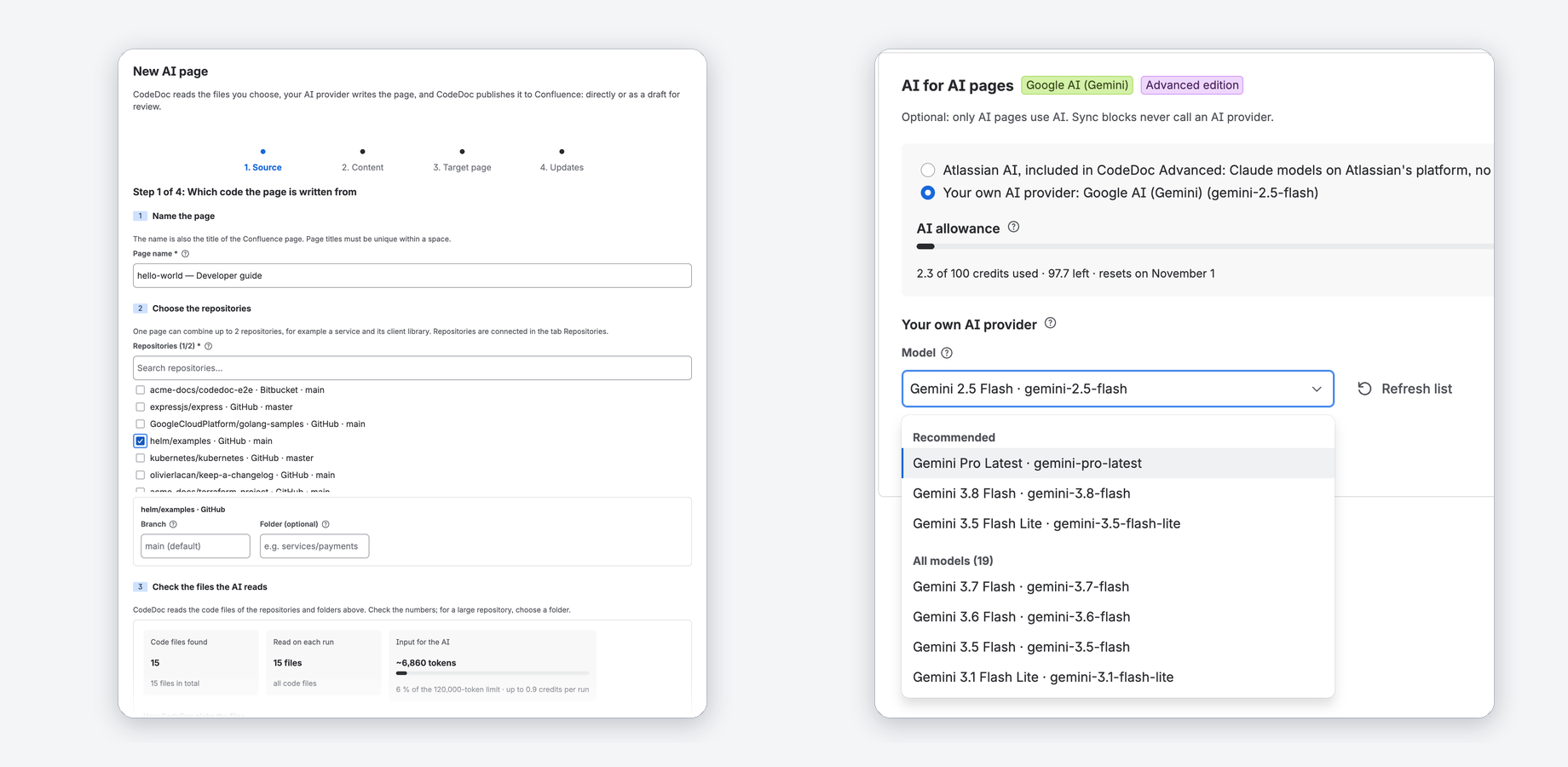 A new AI page in four steps. With Atlassian AI the editor shows the most credits a run can take; with your own key you pick the model.