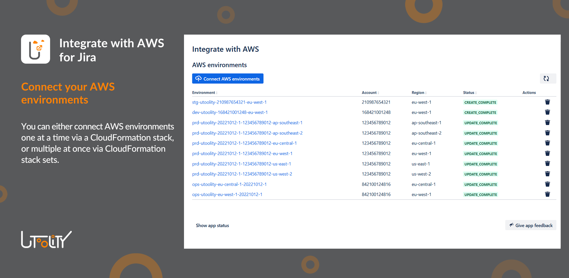 App configuration page with 'AWS environments' table and 'Connect AWS environments' button