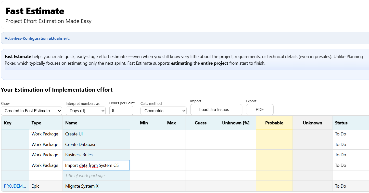 Define work packages in excel style