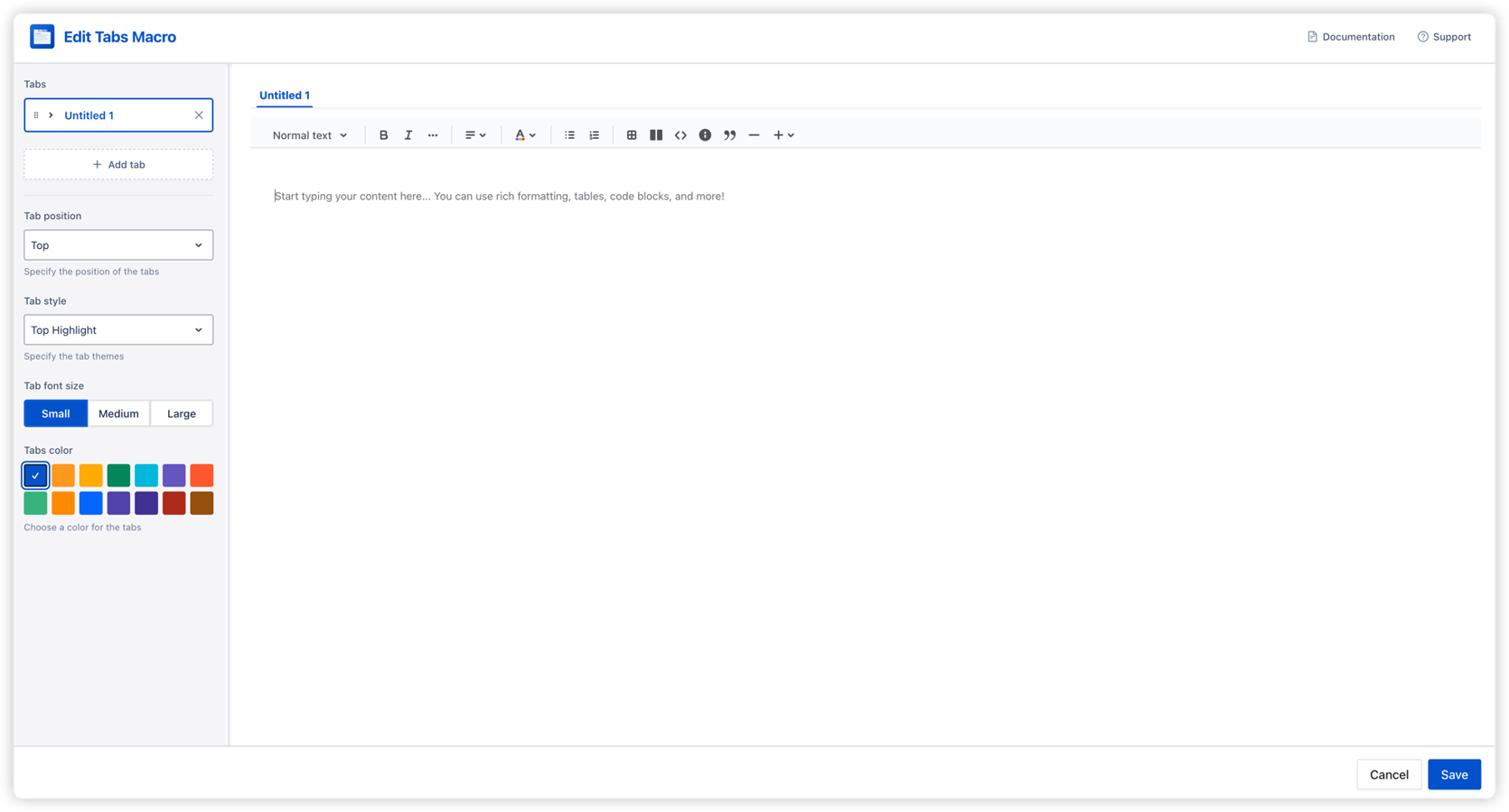 The Tabs configuration interface lets you manage tabs and customize their appearance with a live editing experience.