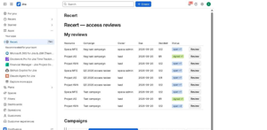 The Recert home page in Jira: your assigned reviews, every campaign with its sign-off count, and one-click evidence export
