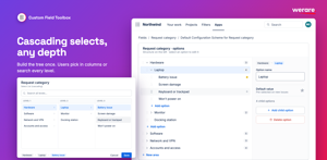 Multi-level cascading select in Jira: build the option tree to any depth, set default options, then users pick level by level in columns or search across all levels.