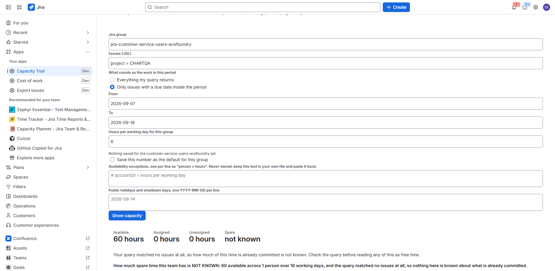 Capacity report showing spare time as not known because the Jira query matched no work.