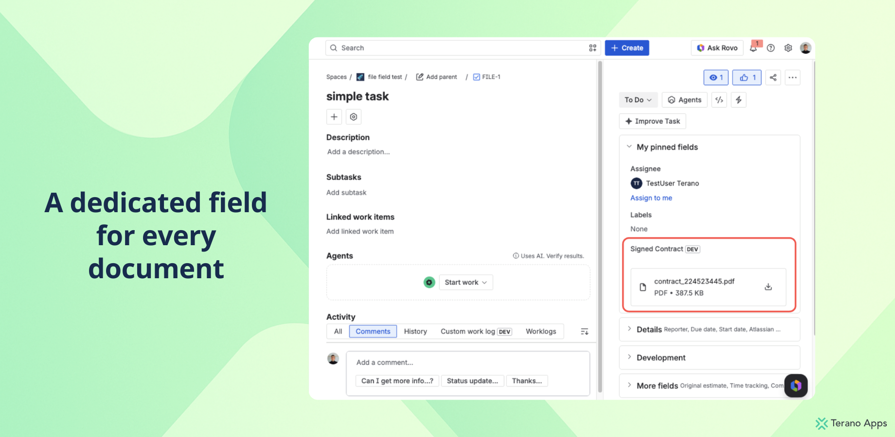 Jira issue view — the Signed Contract field showing an attached PDF with its name, type, and size, and download and delete actions.