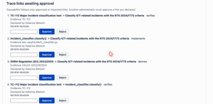 Four-eyes trace approval: every link between regulation, requirement, code and test needs a second reviewer.