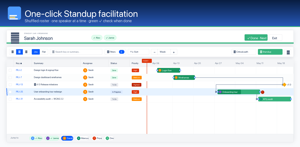 One-click Standup filters the board to the current speaker, zooms to day, highlights overdue items, and lets you jump between team members.