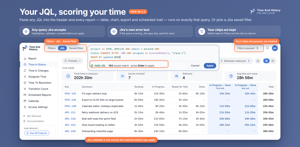 Paste JQL into the header and every report runs on exactly that query — table, chart, export and scheduled mail. The editor highlights it, counts the matches before you apply and prints Jira's own error if it is wrong.