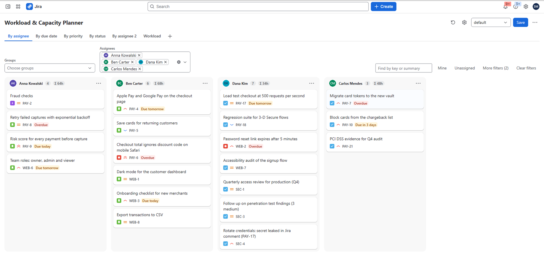 Drag issues from an overloaded teammate to one with room — reassigned in Jira instantly.