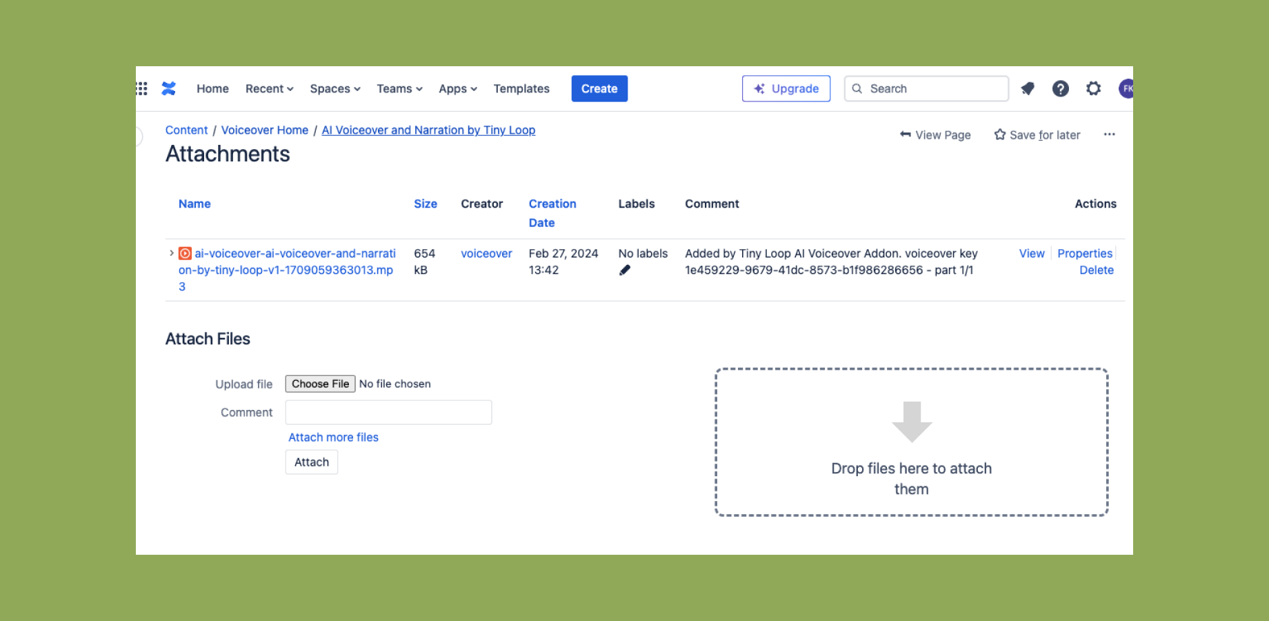 Voiceovers are securely saved as attachments on your Confluence page, ensuring privacy and easy access for all team members.