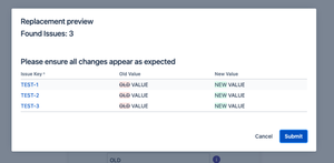 On Preview, you will be shown a table to check your desired changes. Next to the old and new value, there is a link to every affected issue.