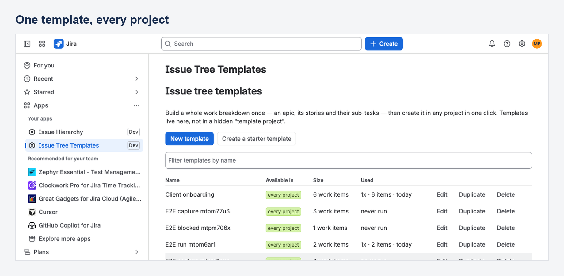 The template library, with usage so you can see which templates teams actually rely on.