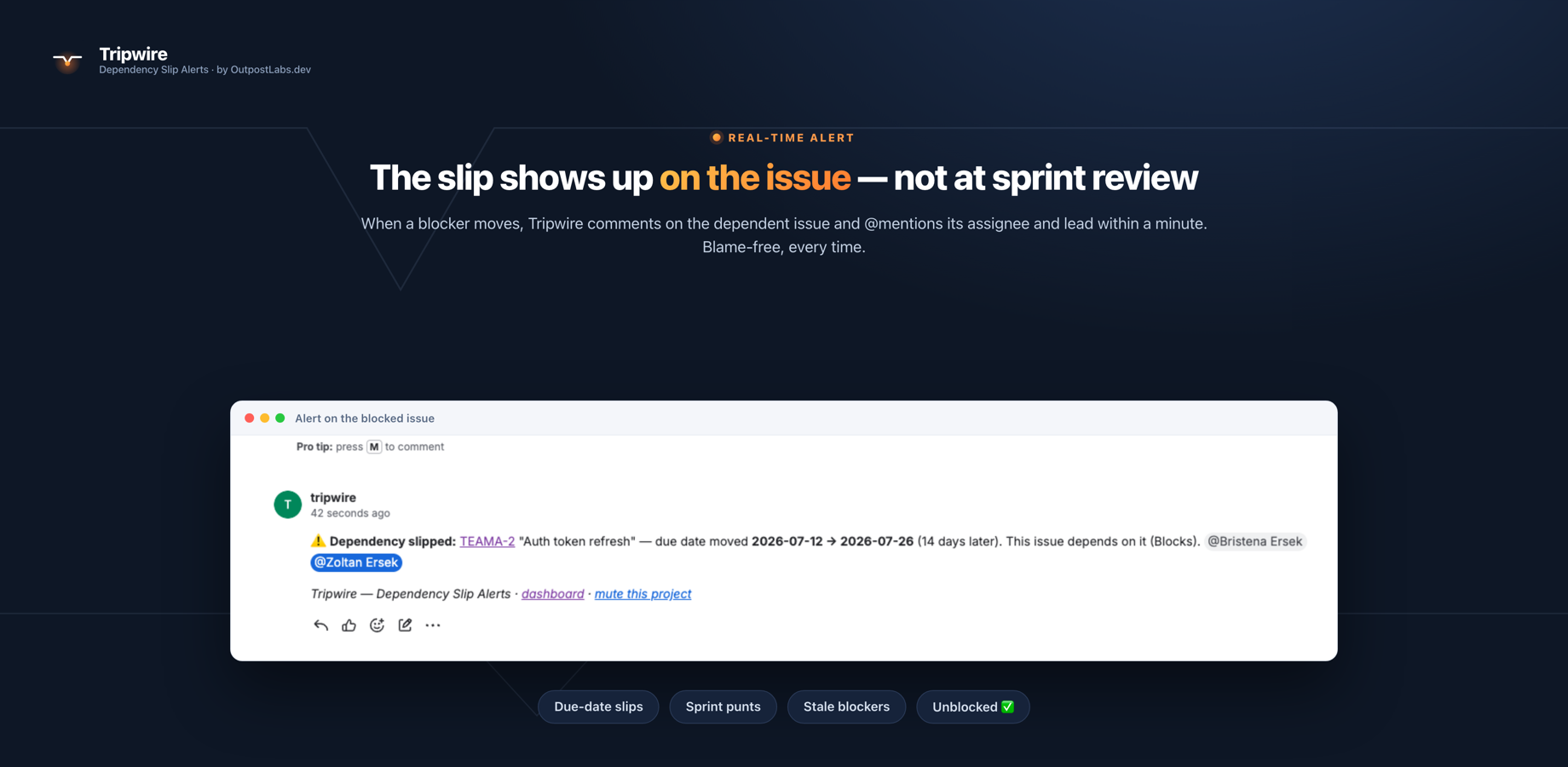 A Tripwire alert on a blocked Jira issue: the blocker's due date moved 14 days later, so the dependent issue's assignee and lead are notified automatically.