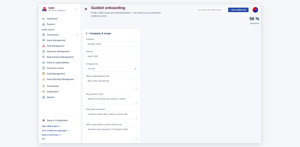 Guided onboarding: profile, ISMS scope and self-assessment produce a preliminary readiness score (sample data).